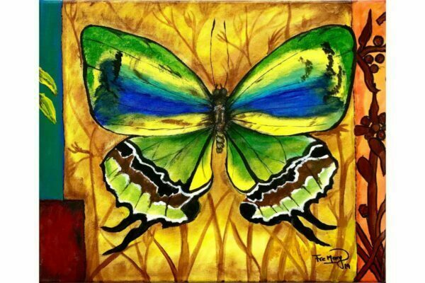 Mariposa verde sobre amarillo
