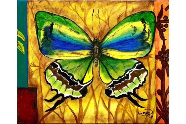 Mariposa verde sobre amarillo