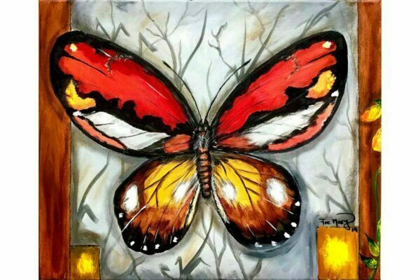 Mariposa roja y amarillo sobre blanco