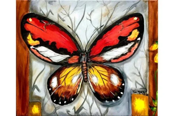 Mariposa roja y amarillo sobre blanco